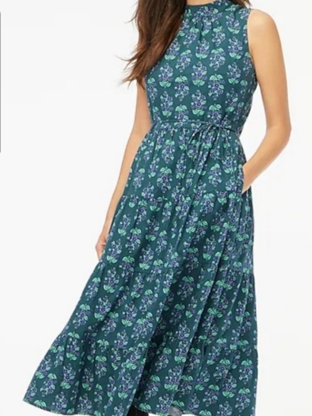 J Crew Floral Tiered Midi Dress Mockneck Sleeveless Wmn 14 Green Navy Purple NEW